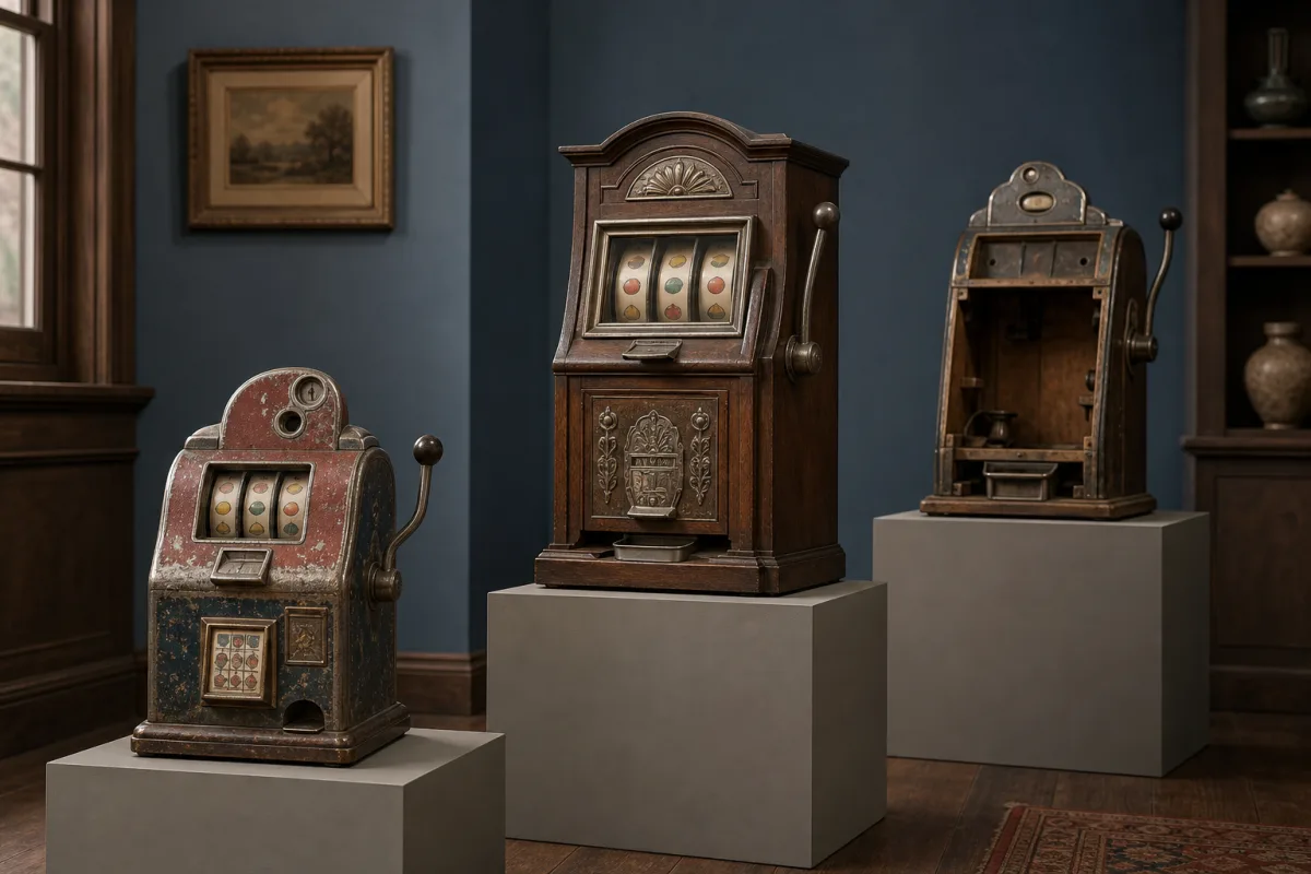 Comparing antique slot machine condition Illustration of three different vintage coin-operated machines displayed at separate heights to compare condition and completeness.