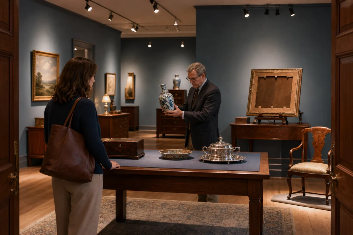 In-person antique valuation options Illustration of a visitor and appraiser looking at a ceramic vase in an auction preview room with other antiques nearby.