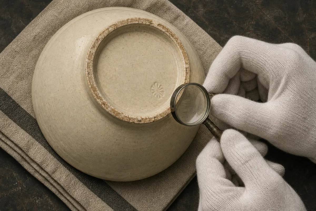 Checking marks and condition Illustration of gloved hands examining the underside of a ceramic vessel with a hand lens.