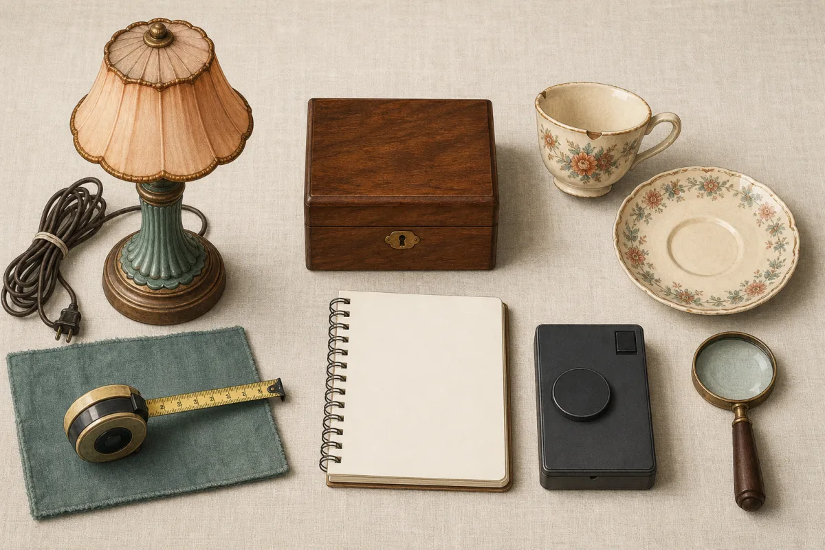 Recording appraisal details Illustration of assorted vintage objects arranged with a measuring tape and blank notebook for an appraisal check.