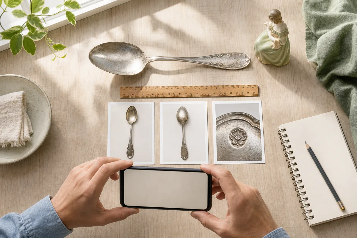 Preparing photos for an online appraisal Overhead illustration of antiques, a ruler, and a phone being used to photograph details for appraisal research.
