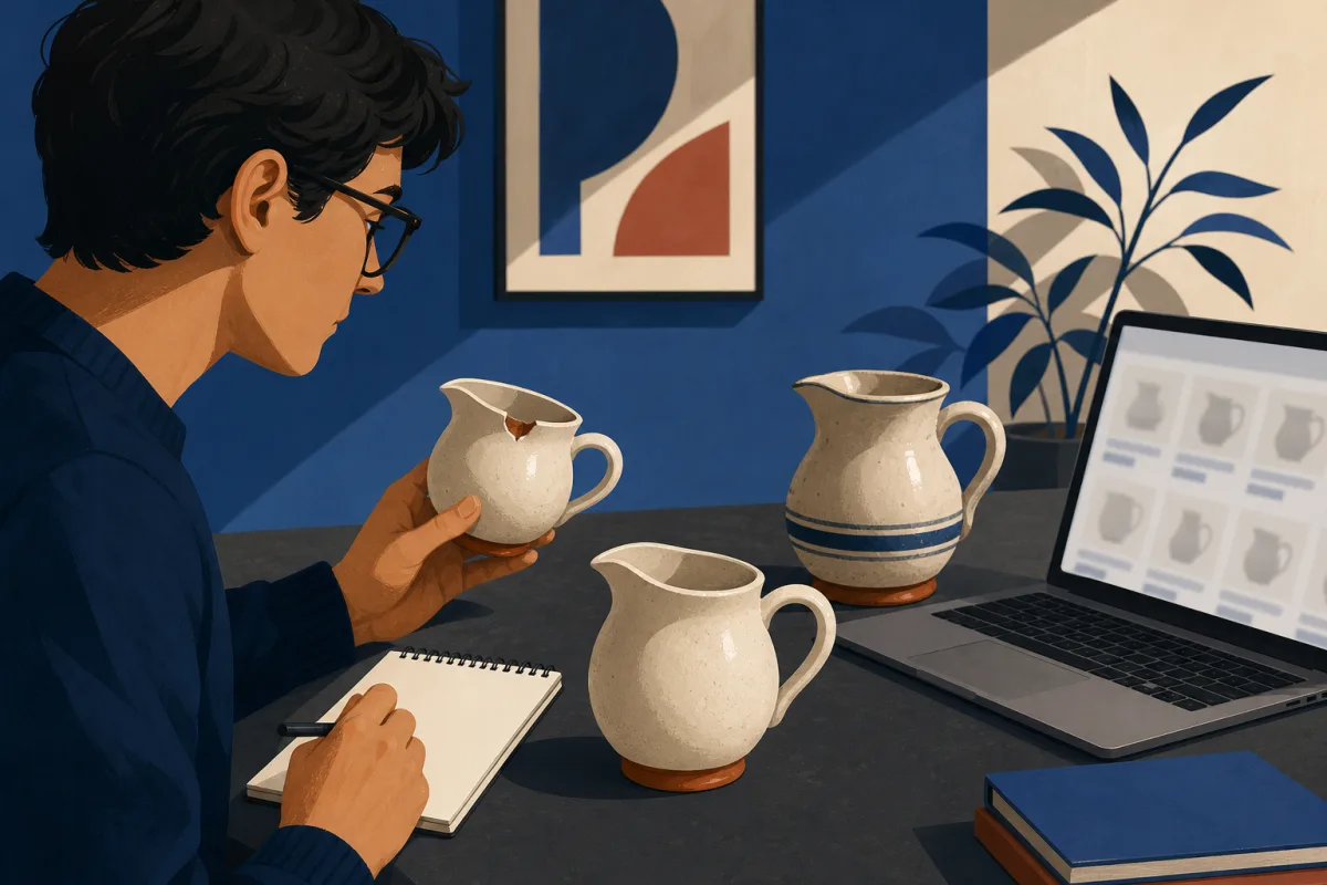 Comparing condition in sold listings Illustration of a collector comparing three vintage ceramic pitchers beside a laptop with generic listing thumbnails.
