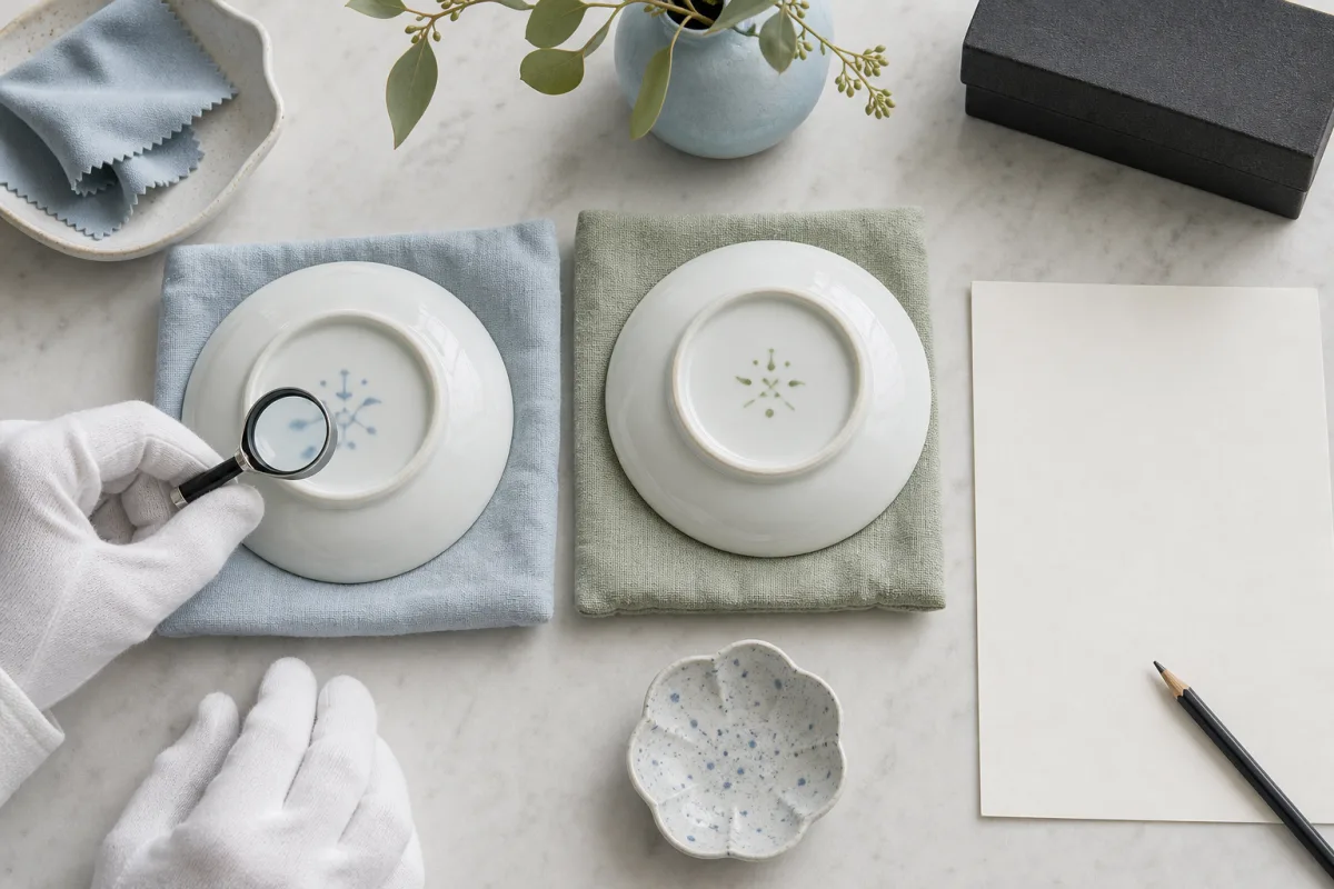 Comparing porcelain mark variants Illustration of two porcelain saucer bases with faint blue and green impressions being compared with a magnifier.