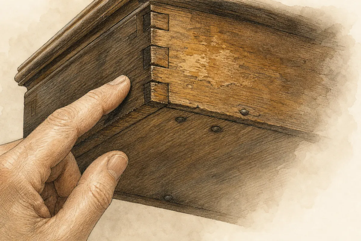 Construction details in antique appraisal Close-up illustration of a wooden drawer corner with dovetail joinery, aged grain, and worn finish.