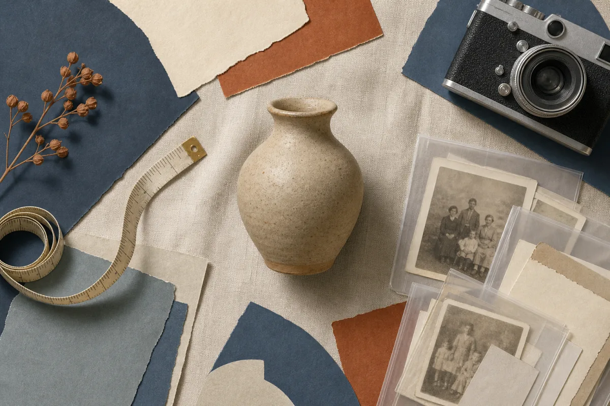 Preparing details for an antique appraisal Illustration of a ceramic vase arranged with a measuring tape, camera, and generic archival papers for an appraisal checklist.