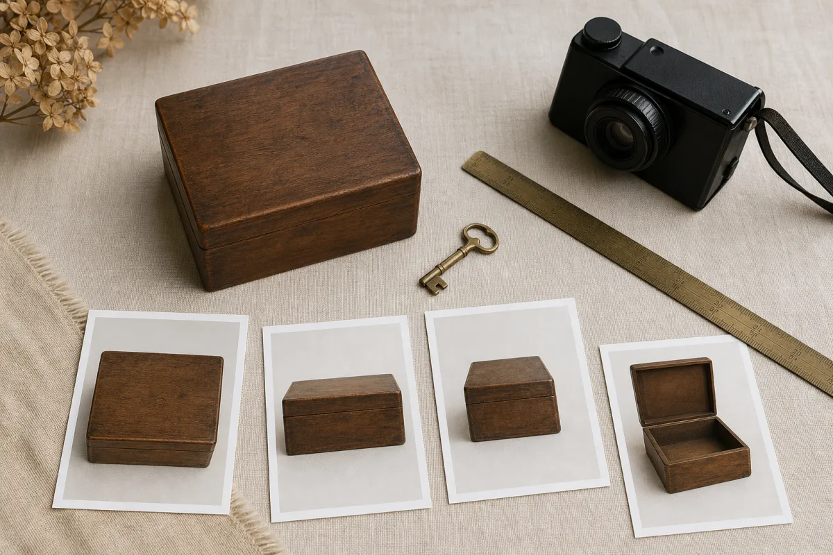 Réunir les éléments utiles Vue de dessus d’une boîte ancienne avec une règle, une clé et des photos de détail préparées pour une évaluation.
