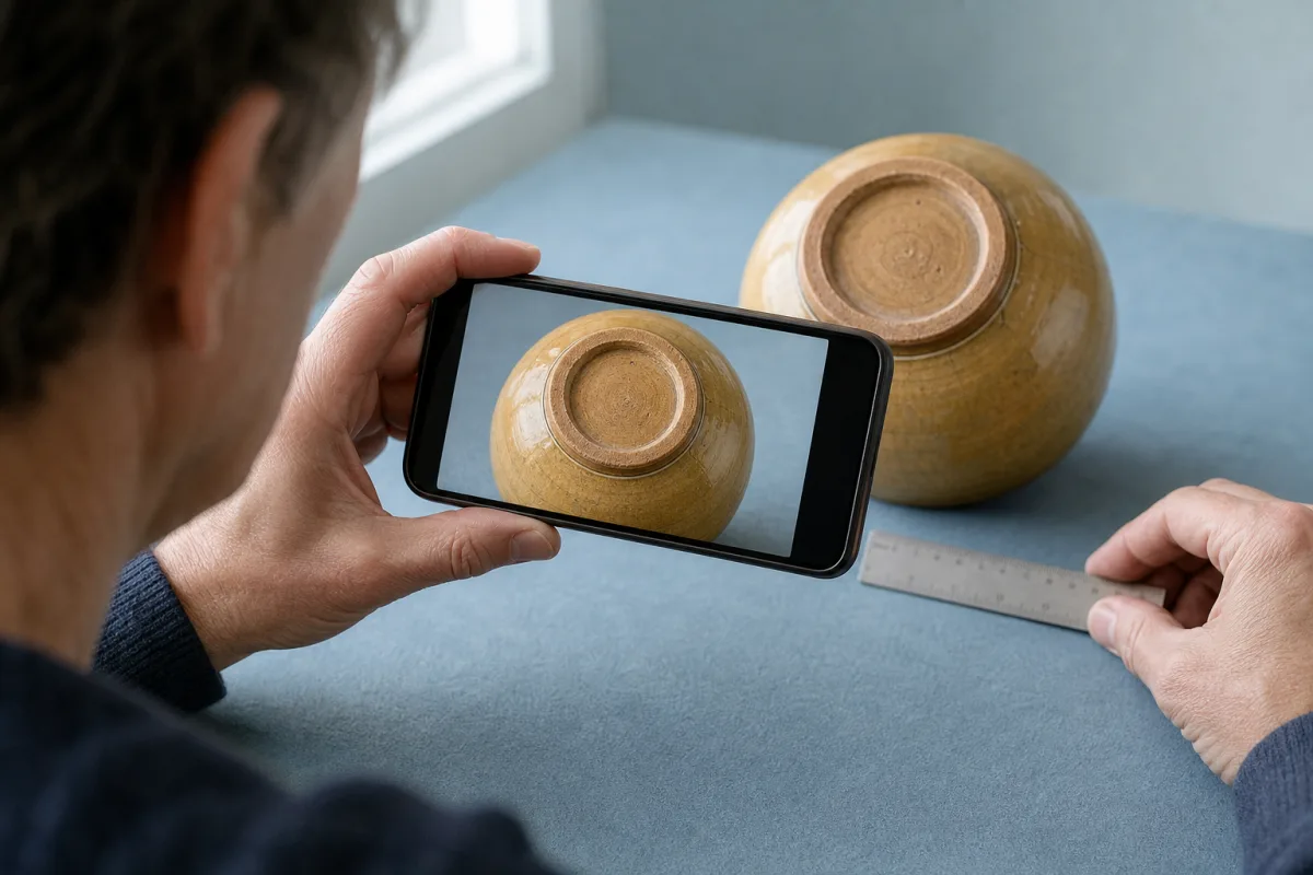 Photographier les détails de l’objet Personne photographiant le dessous d’un bol en céramique ancien près d’une règle.