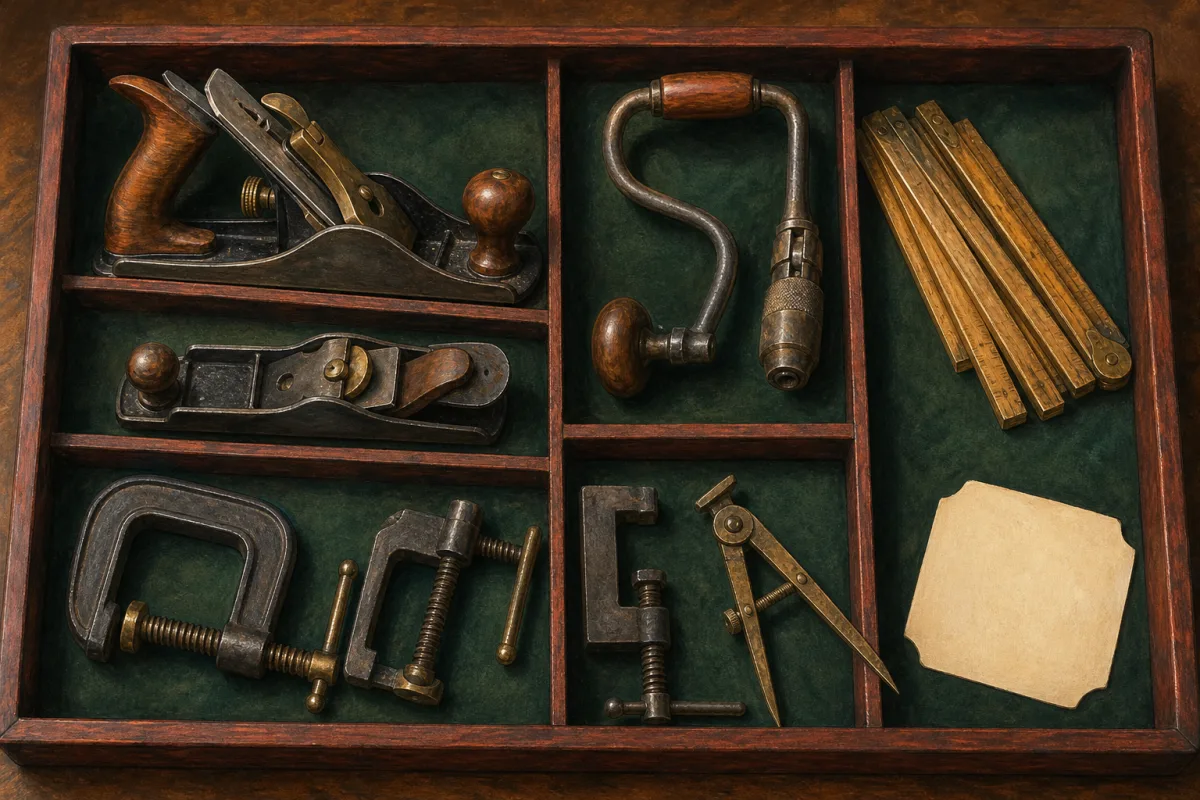 Comparing a mixed lot of old tools Illustration of several old hand tools grouped together in a compartmented tray.