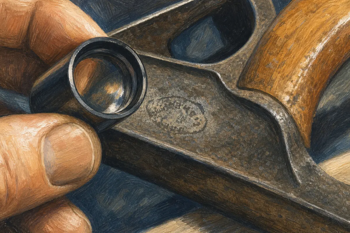 Inspecting a tool maker’s mark Illustration of a loupe held near a faint mark on an old metal tool beside its wooden handle.