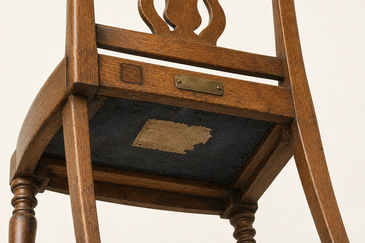 Underside view of a wooden chair with a small blank stamp, metal tag, and worn paper label in typical mark locations.