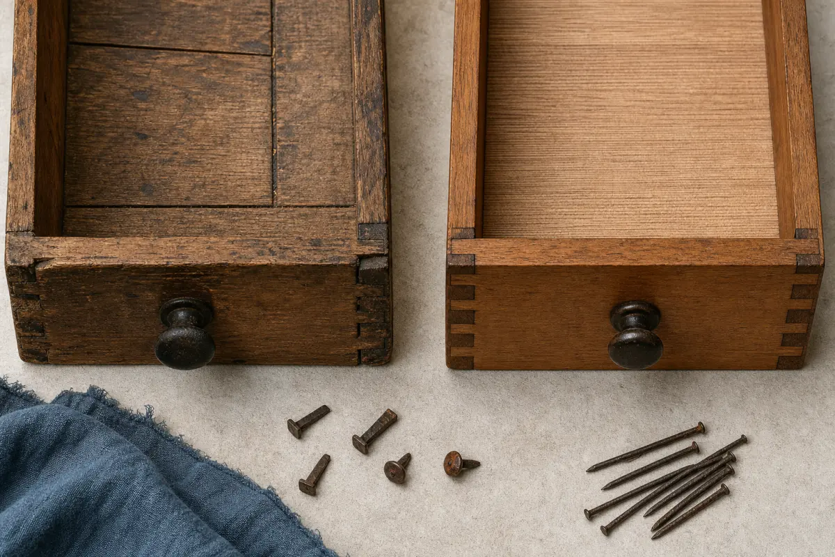 Two wooden drawers viewed from above, one with irregular dovetails and one with more uniform dovetails.