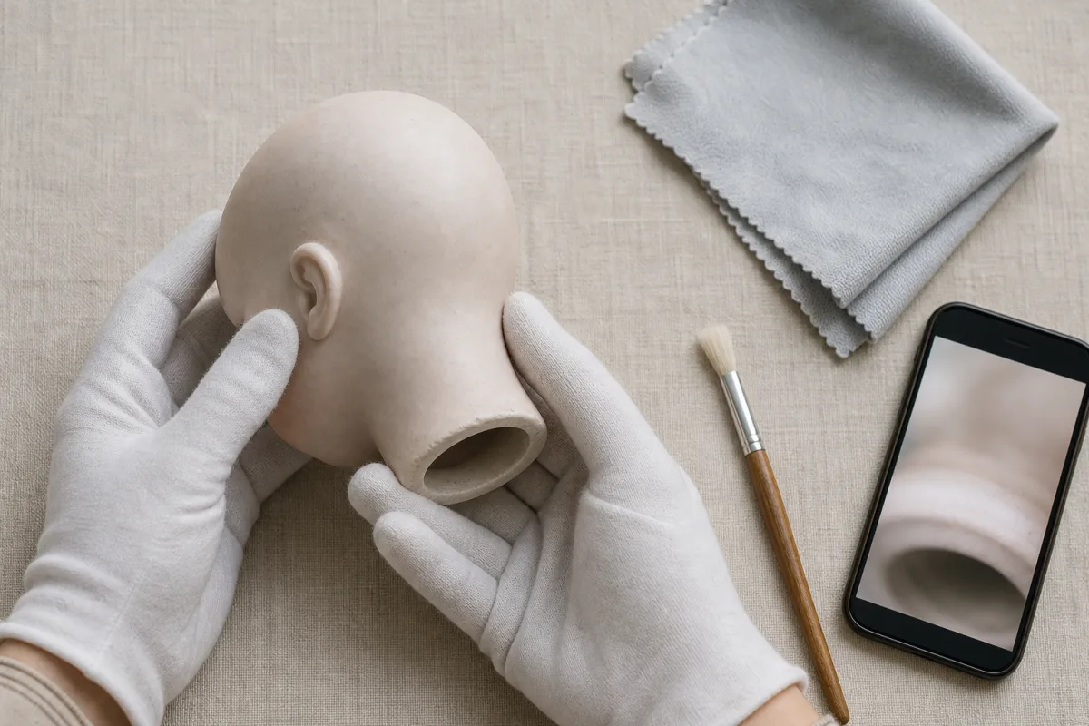 Photographing a doll mark carefully Illustration of gloved hands examining the back of a bisque doll head beside a soft brush, cloth, and phone.