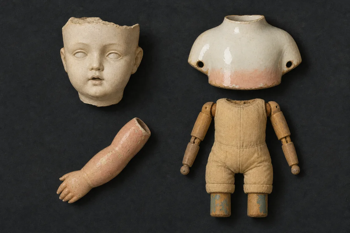 Doll materials and construction clues Illustration comparing a bisque head fragment, glazed porcelain piece, painted composition limb, and jointed cloth-and-wood body section.