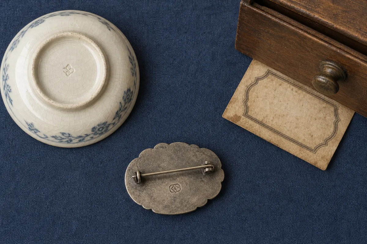 Places to check for maker marks Illustration showing a ceramic base, the back of a metal brooch, and a drawer label as places to look for identifying marks.