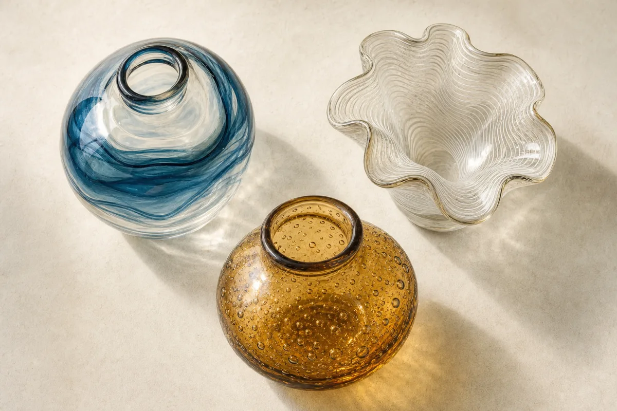 Illustrated overhead arrangement of three differently decorated hand-blown glass vessels.