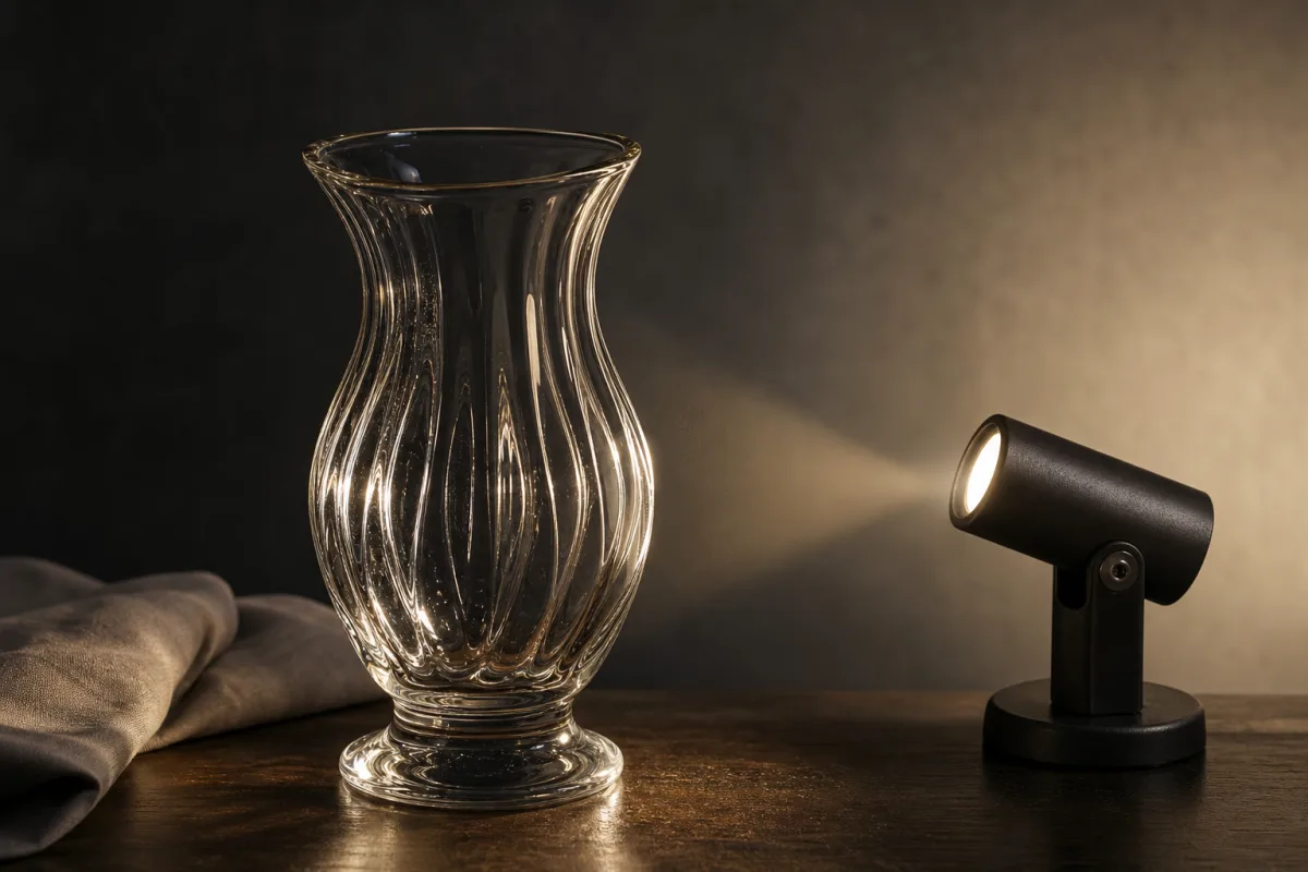 Illustrated clear glass vase lit from the side to show its rim, base, and reflective surface.