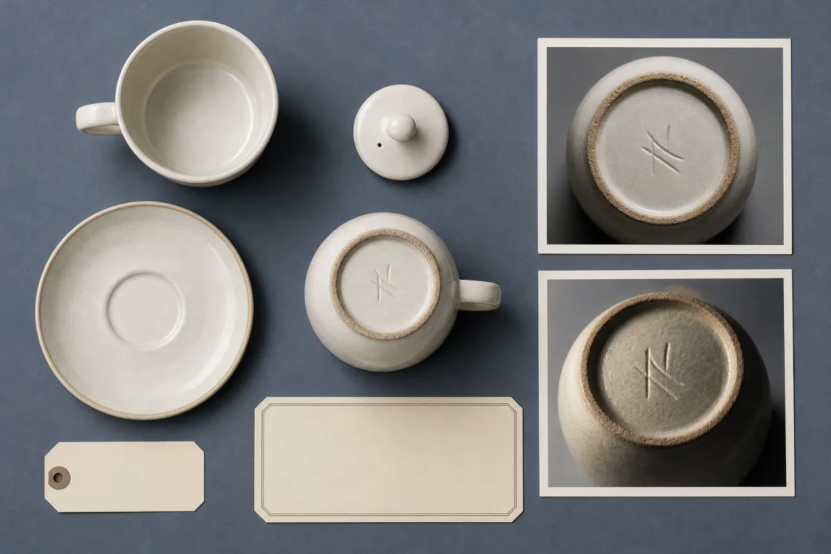Ceramic cup, saucer, and lid arranged with two views of the cup base under different lighting angles.