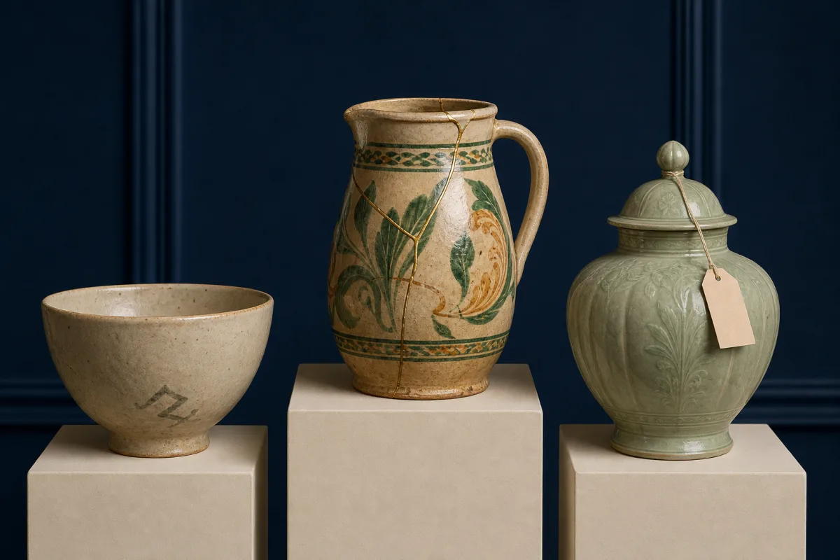 Three different ceramic objects displayed separately: a plain bowl, a repaired jug, and a lidded vessel with a blank provenance tag.