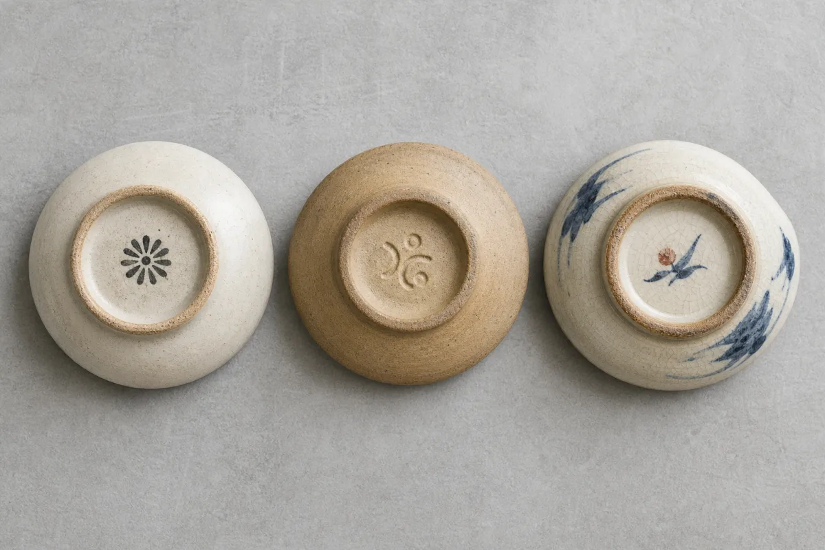 Three ceramic bases with different non-readable mark styles: stamped, impressed, and painted.