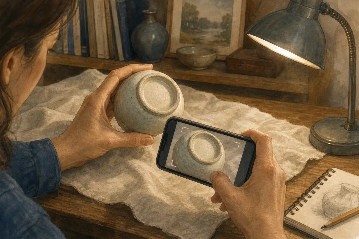 A person photographing the underside of a stoneware cup with side lighting and a smartphone.