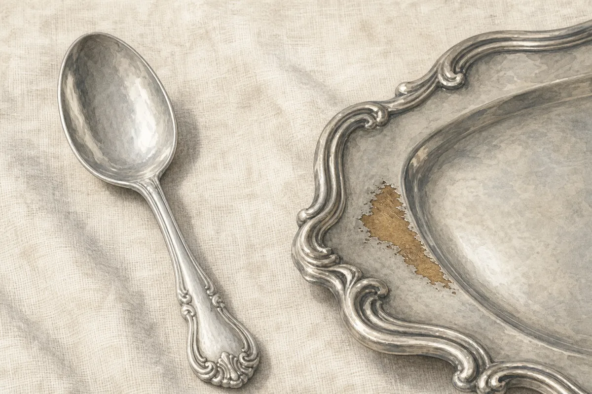 A silver spoon beside the worn edge of a plated serving tray, where a warmer metal tone is visible beneath the surface.