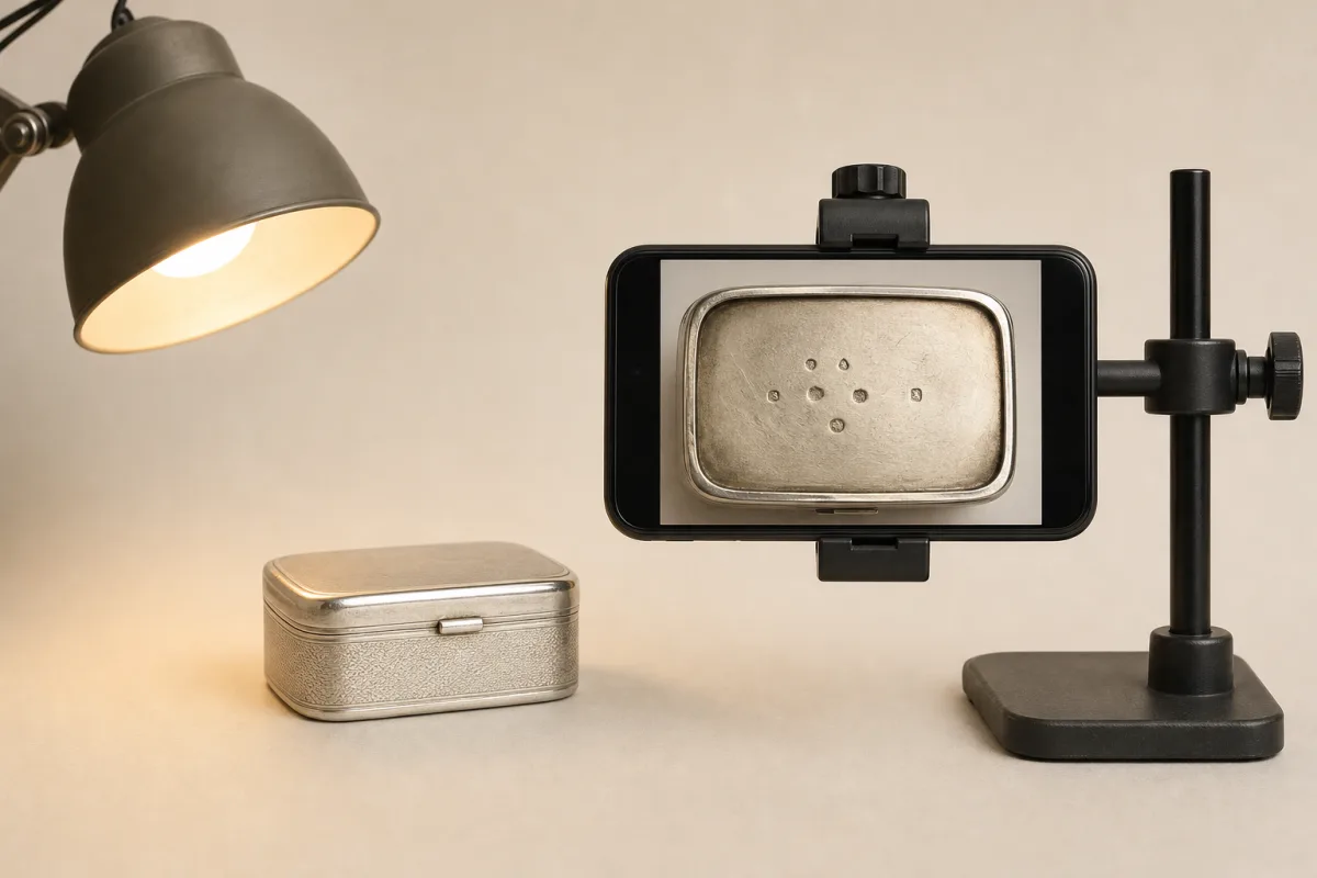 A small silver box photographed with a smartphone under soft angled light, with faint stamped impressions visible on its base.