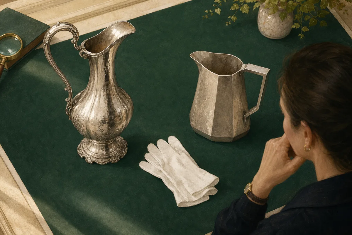 Comparing pitcher form and condition Two contrasting silver-coloured pitchers displayed side by side on a green appraisal table, one ornate and one plain.