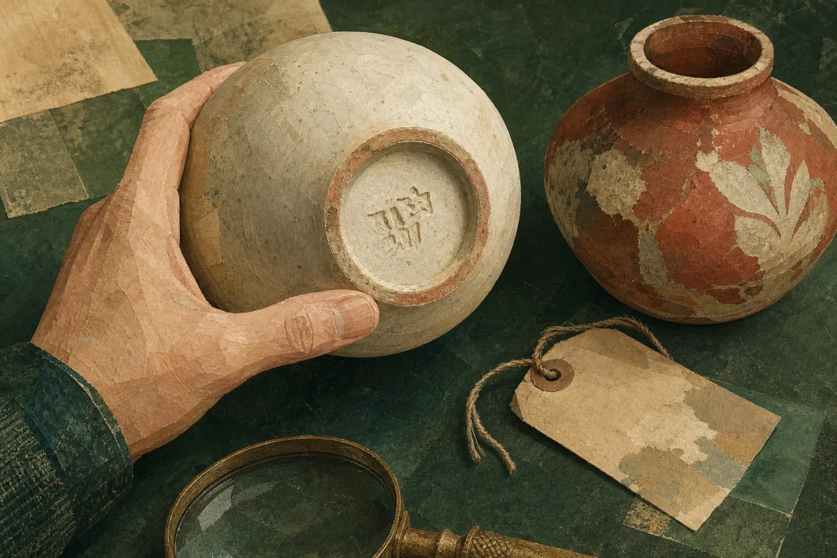 Ilustración de una mano observando la base marcada de una pieza de cerámica junto a otra con una etiqueta antigua suelta.