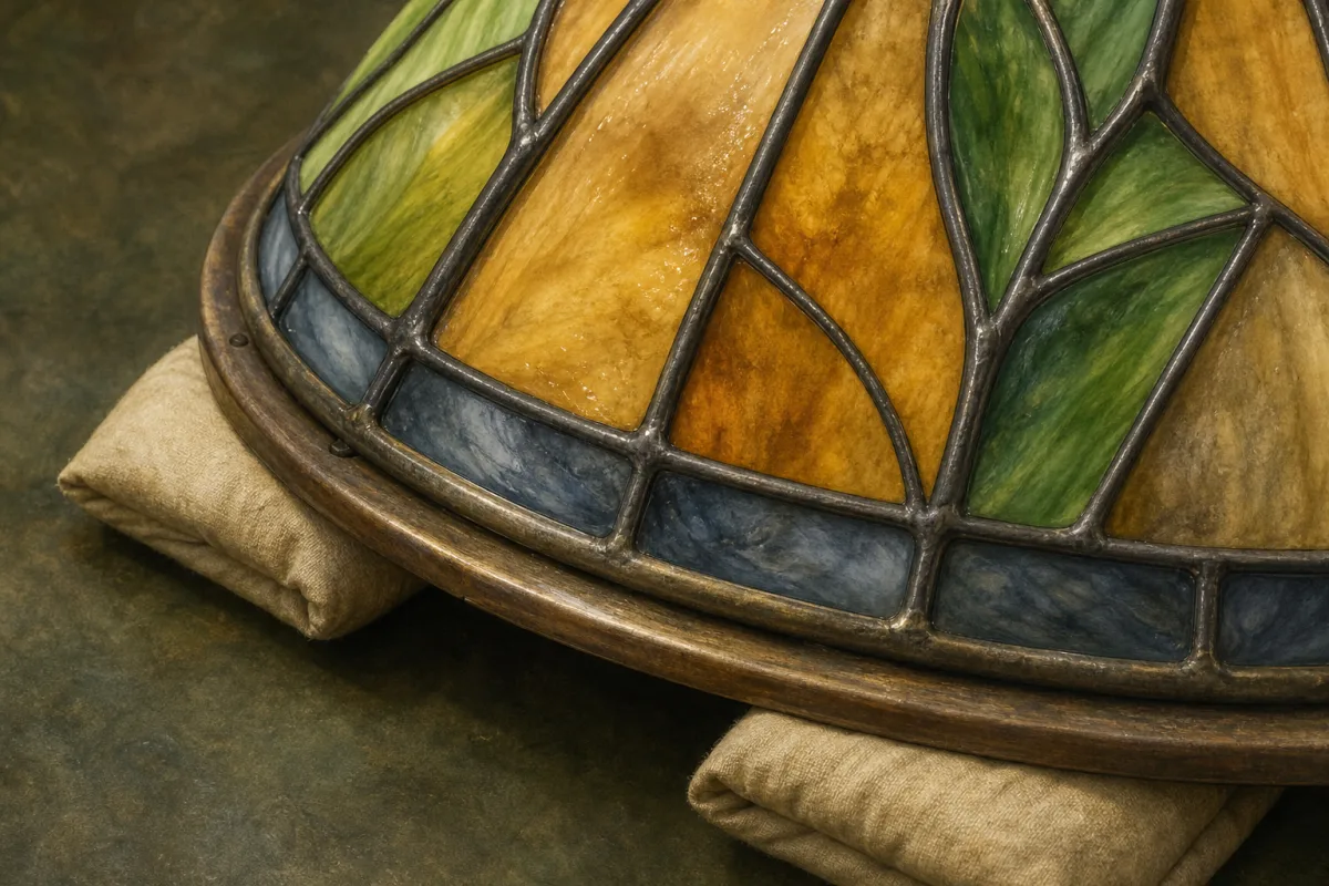 Close illustration of stained-glass shade panels, lead seams, and a circular metal fitter rim.