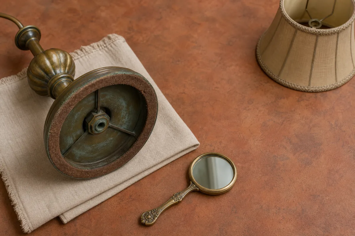 Illustrated underside of a bronze-toned lamp base on cloth with its hardware and foot visible.