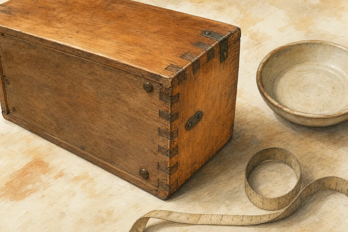 Osservare materiali e lavorazione Dettaglio dall’alto di una scatola in legno con giunzione ad angolo e piccoli elementi metallici, accanto a un piatto di ceramica.
