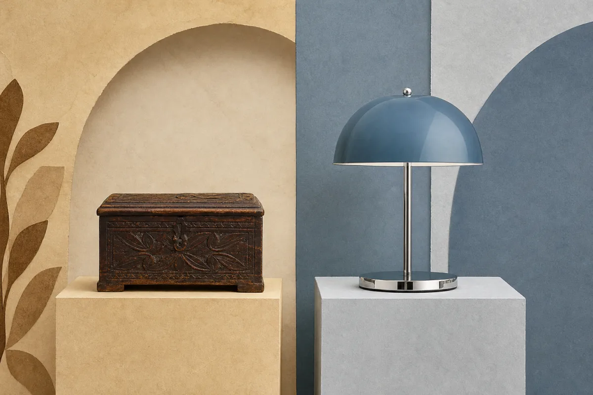Oggetto antico e oggetto vintage a confronto Composizione affiancata con una piccola scatola in legno scuro dall’aspetto vissuto e una lampada dal design più recente, entrambe senza marchi visibili.