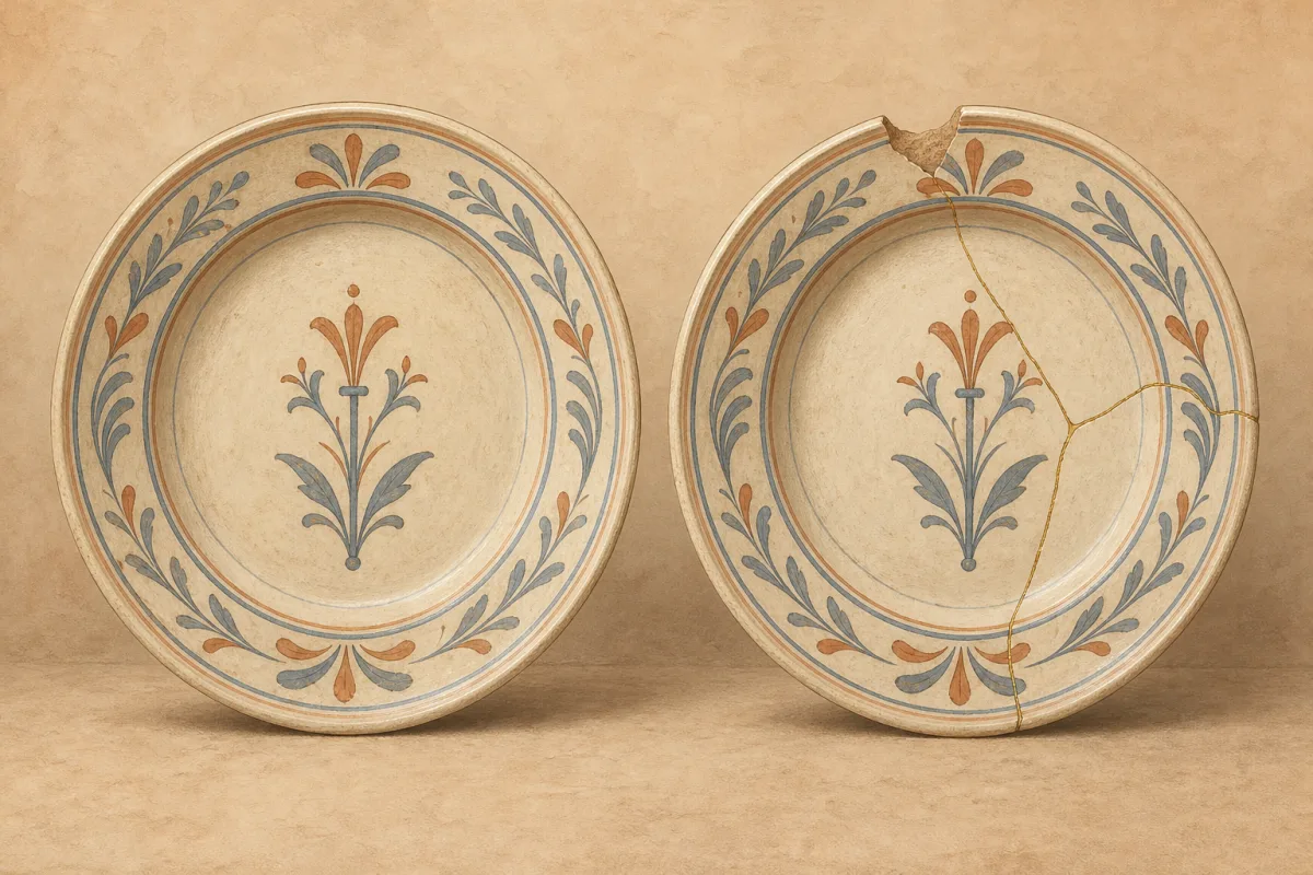 Illustrazione di due piatti in ceramica affiancati: uno integro e uno con bordo scheggiato e lieve crepa riparata.