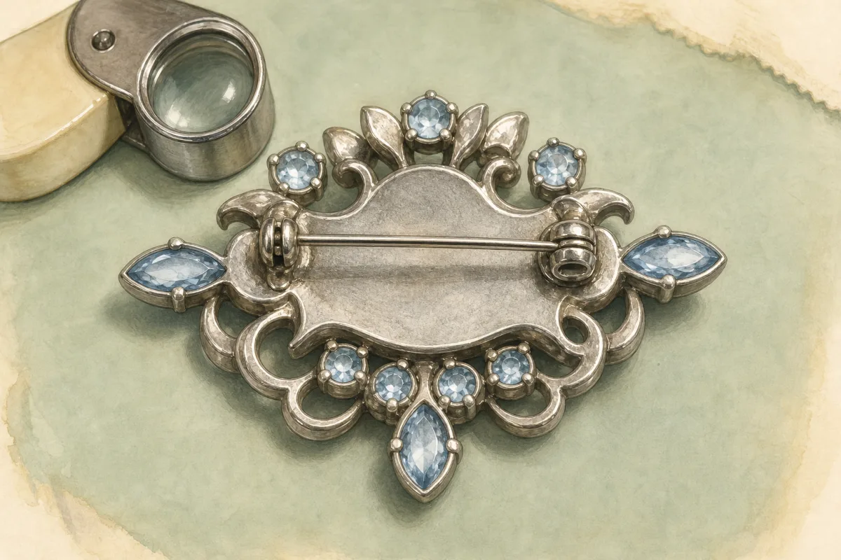 Illustration of the back of a rhinestone brooch showing its pin, clasp, metalwork, and stone settings.