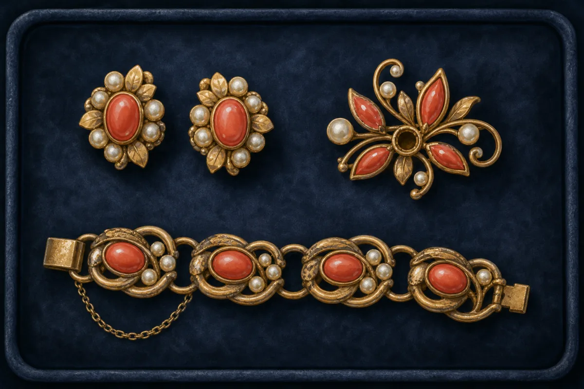 Illustration of clip earrings, a brooch with a missing stone, and a bracelet with worn finish on a blue tray.