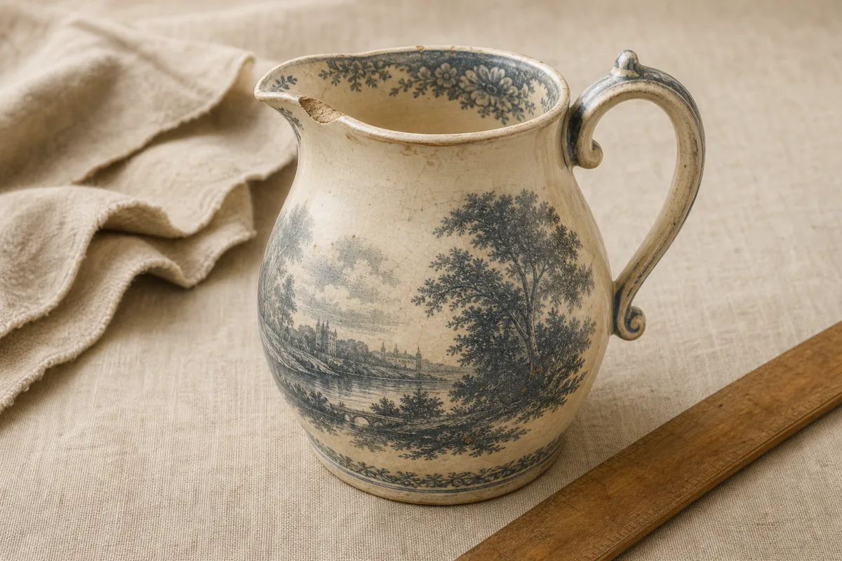 Inspecting condition on an older object A ceramic pitcher with a small rim chip and surface wear resting beside a soft cloth.