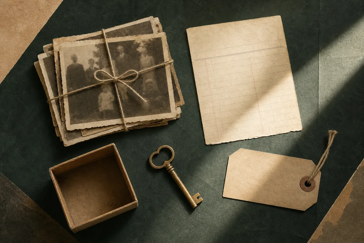 Supporting paperwork and provenance Old photographs, blank papers, an empty box, and a brass key arranged on a dark green surface.